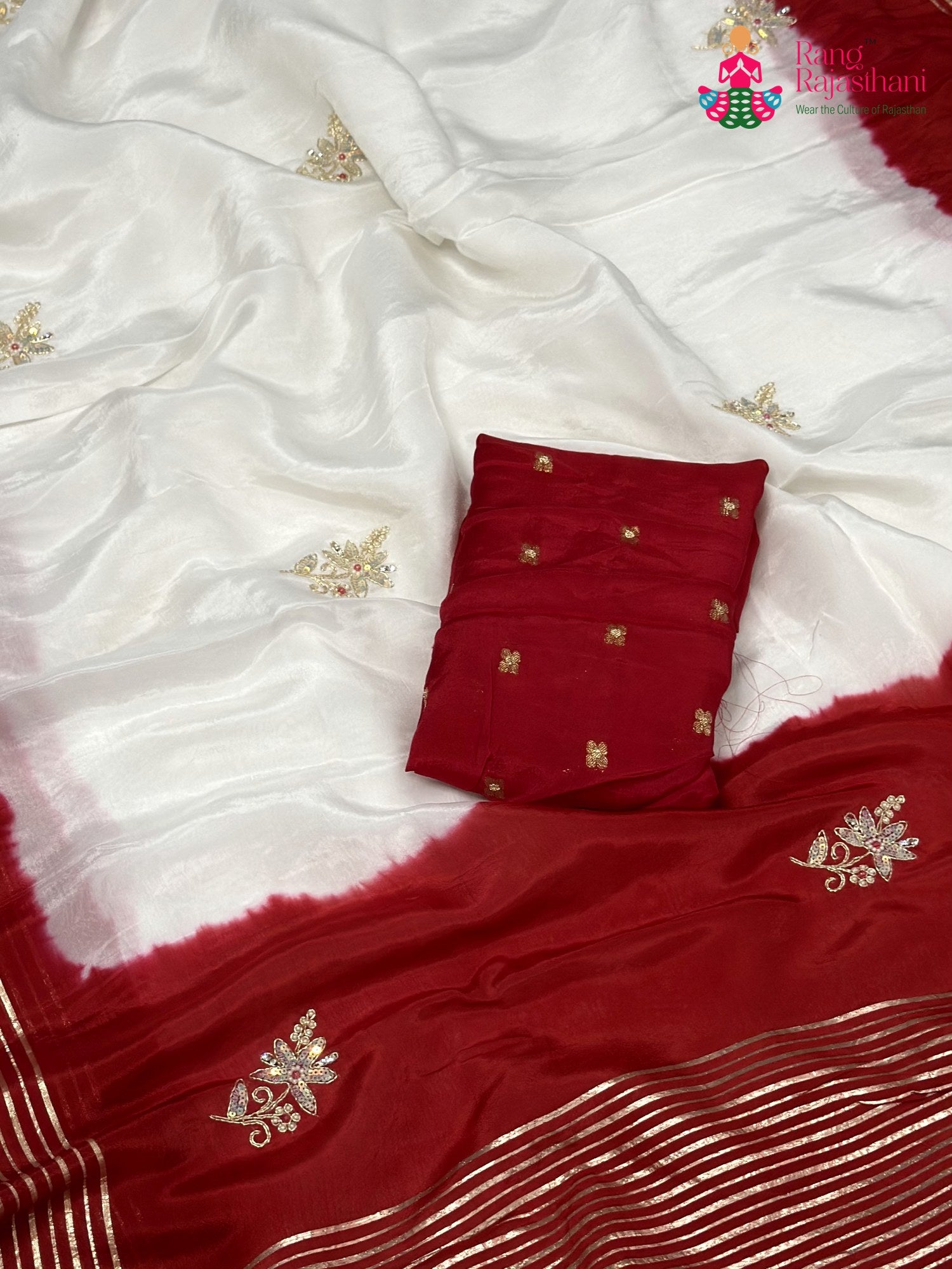 White Pure Russian Silk Hand Embellishment Faag Saree for Festive Celebration | Wedding Saree