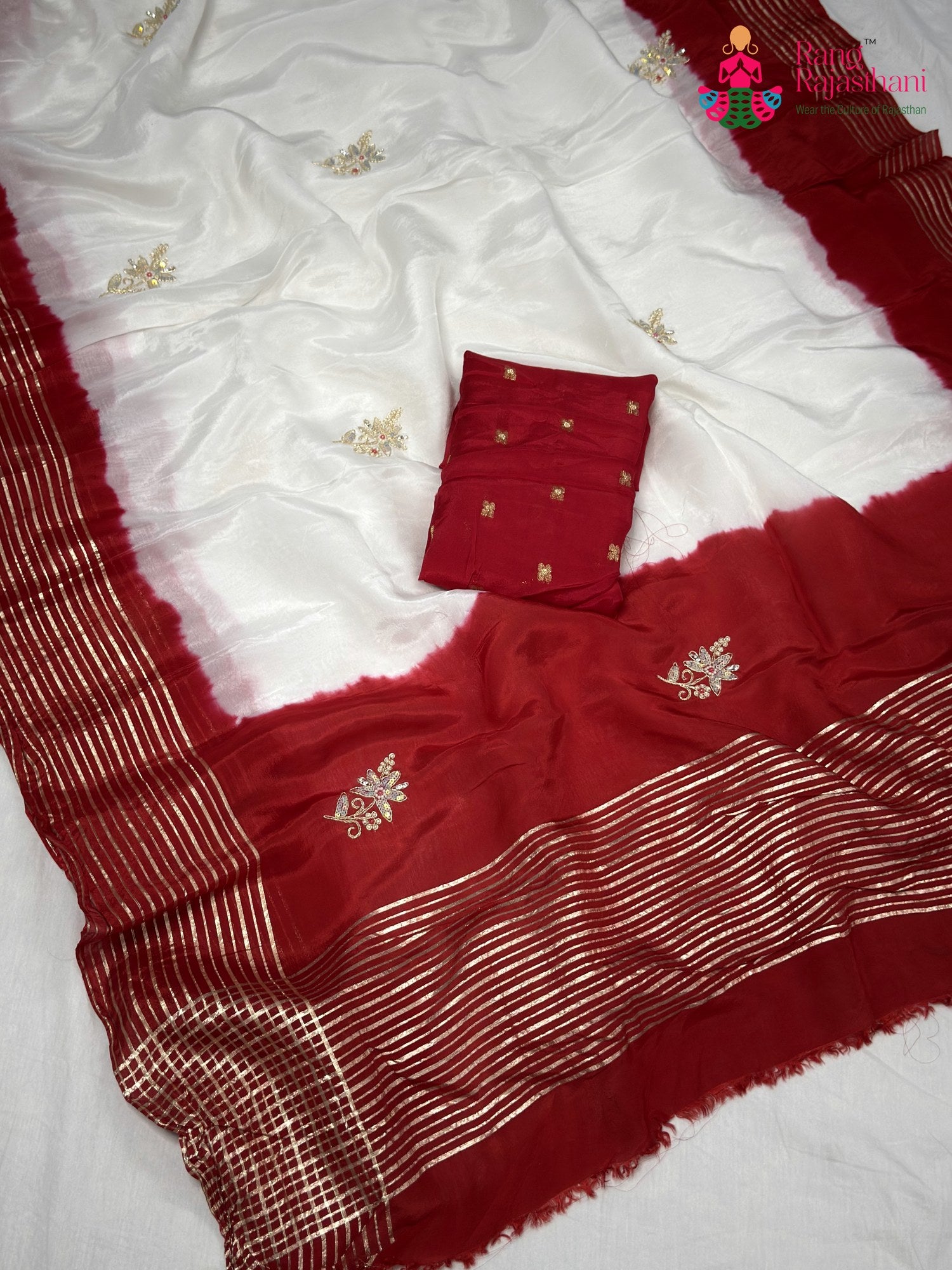 White Pure Russian Silk Hand Embellishment Faag Saree for Festive Celebration | Wedding Saree