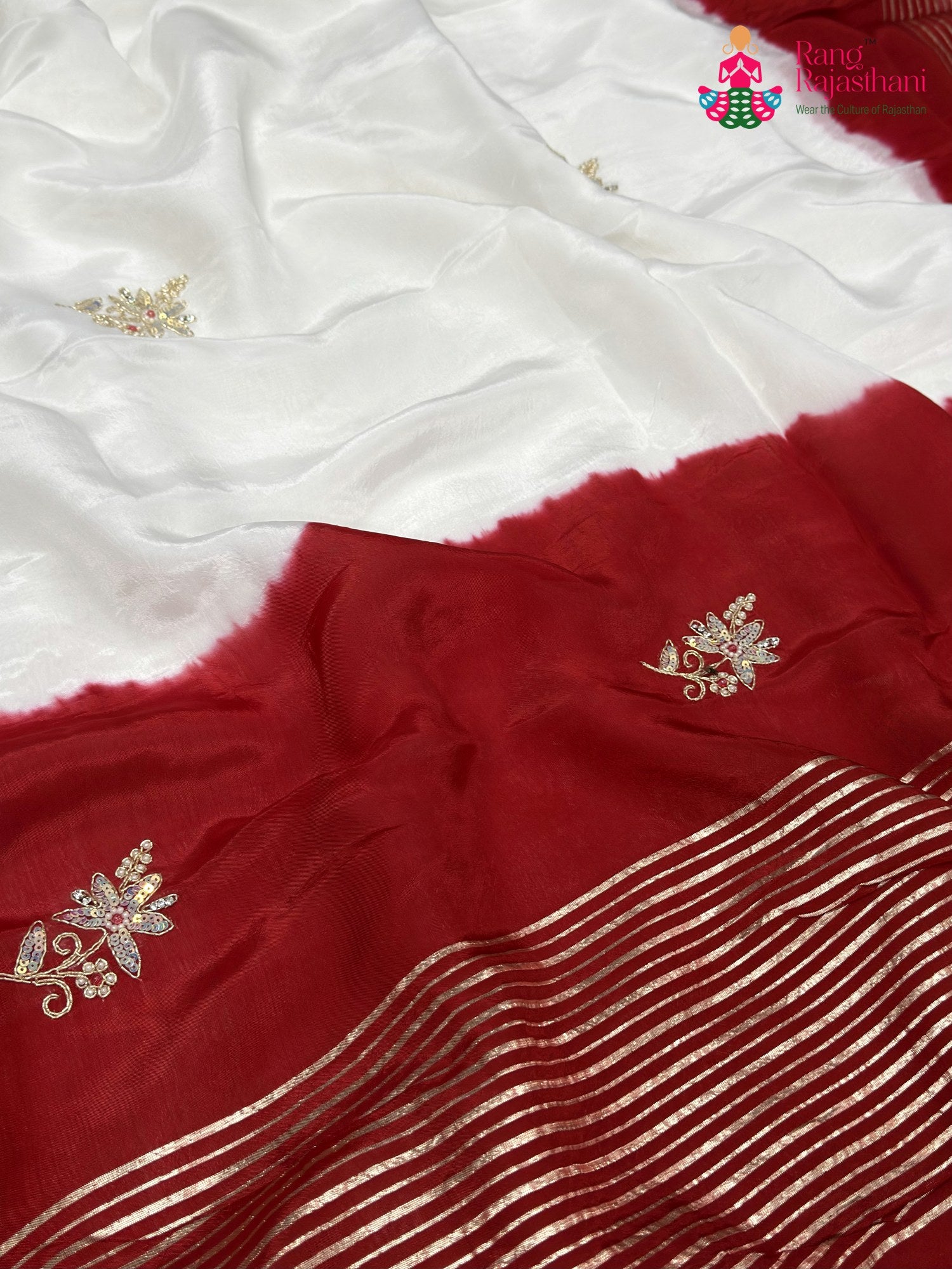 White Pure Russian Silk Hand Embellishment Faag Saree for Festive Celebration | Wedding Saree