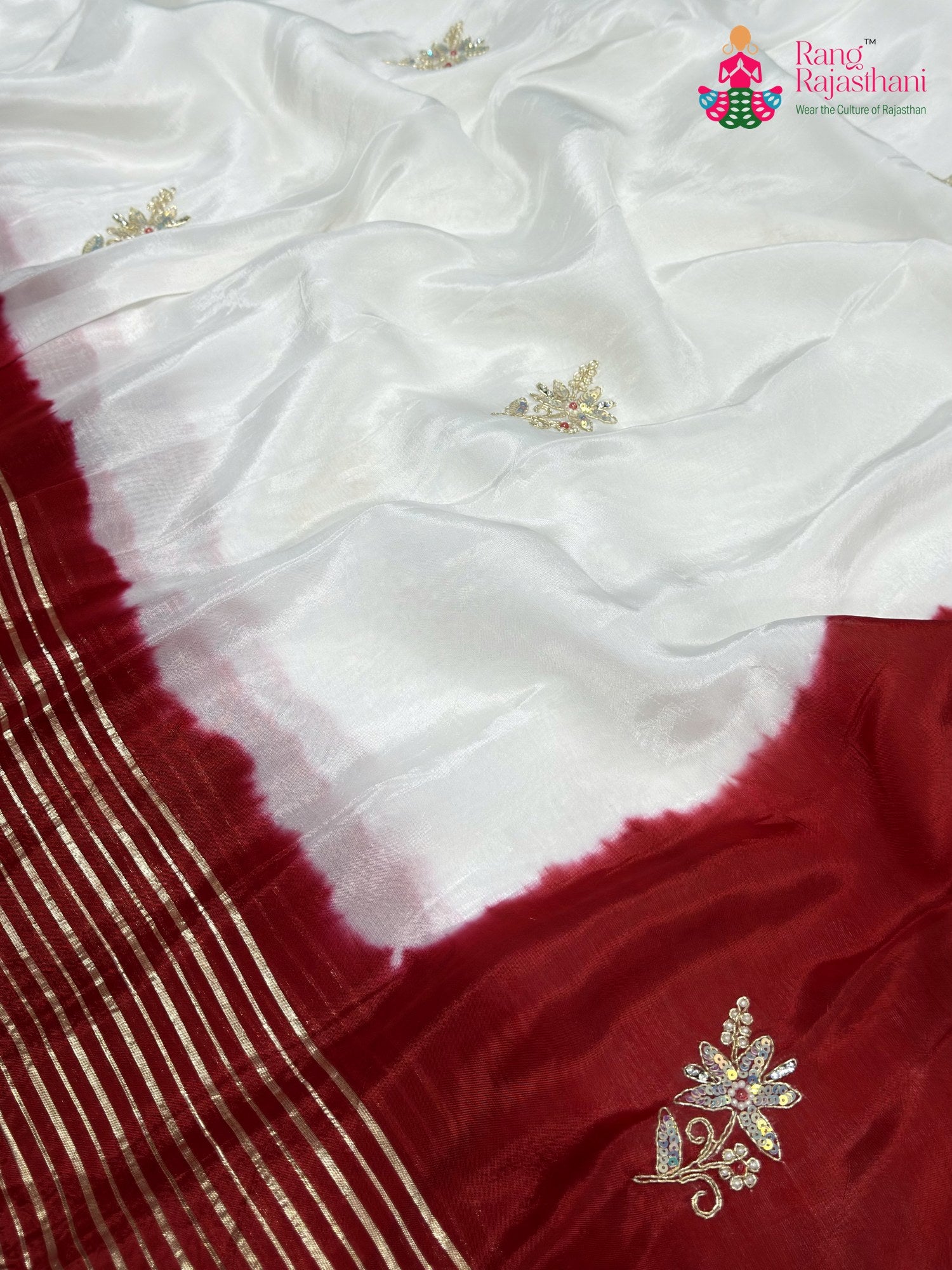 White Pure Russian Silk Hand Embellishment Faag Saree for Festive Celebration | Wedding Saree