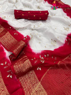 close up detailing of white pure Russian silk sequin saree 
