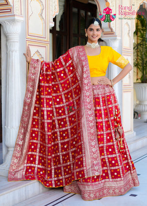 Red Pure Dola Silk Hand Tie Dye Bandhani Gharchola Lehenga Chunni for Haldi Ceremony | Wedding Saree