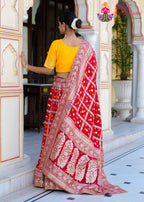 Red Russian Silk saree with Ghatchola Bandhani Work back view