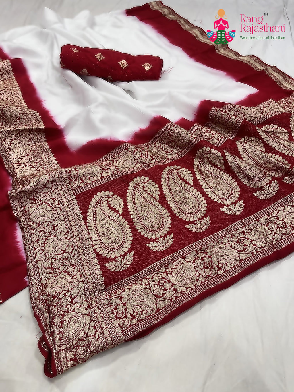 complete look of white russian silk banarasi zari weave faag saree 
