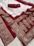 close up detailing of white russian silk banarasi zari weave faag saree 