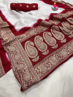 pallu detailing of white russian silk banarasi zari weave faag saree 