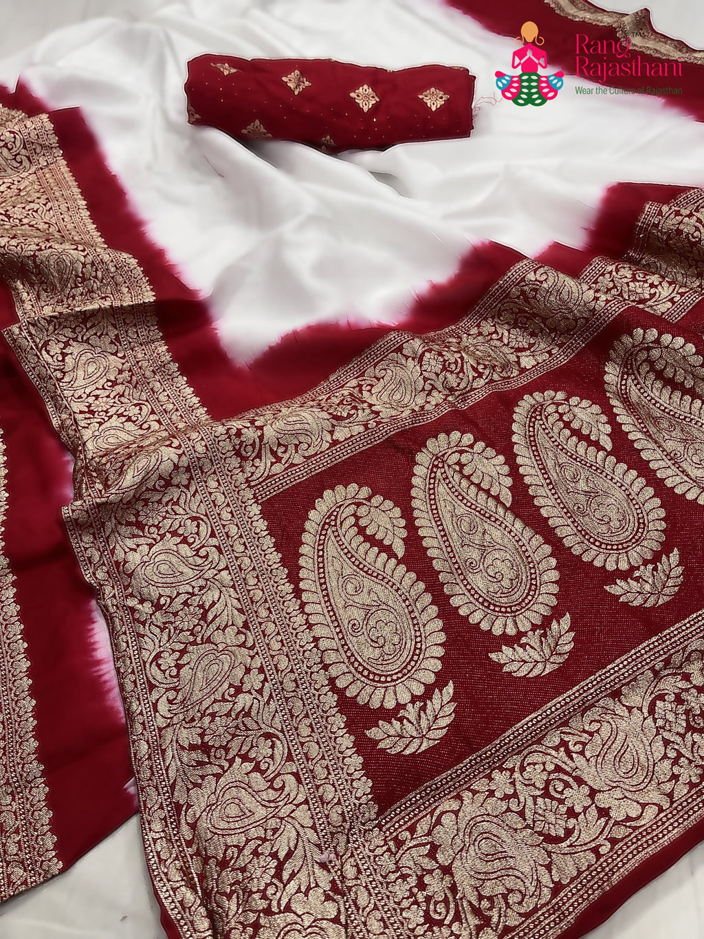 white russian silk banarasi zari weave faag saree for wedding guest wear by Rang Rajasthani
