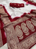 white russian silk banarasi zari weave faag saree for wedding guest wear by Rang Rajasthani