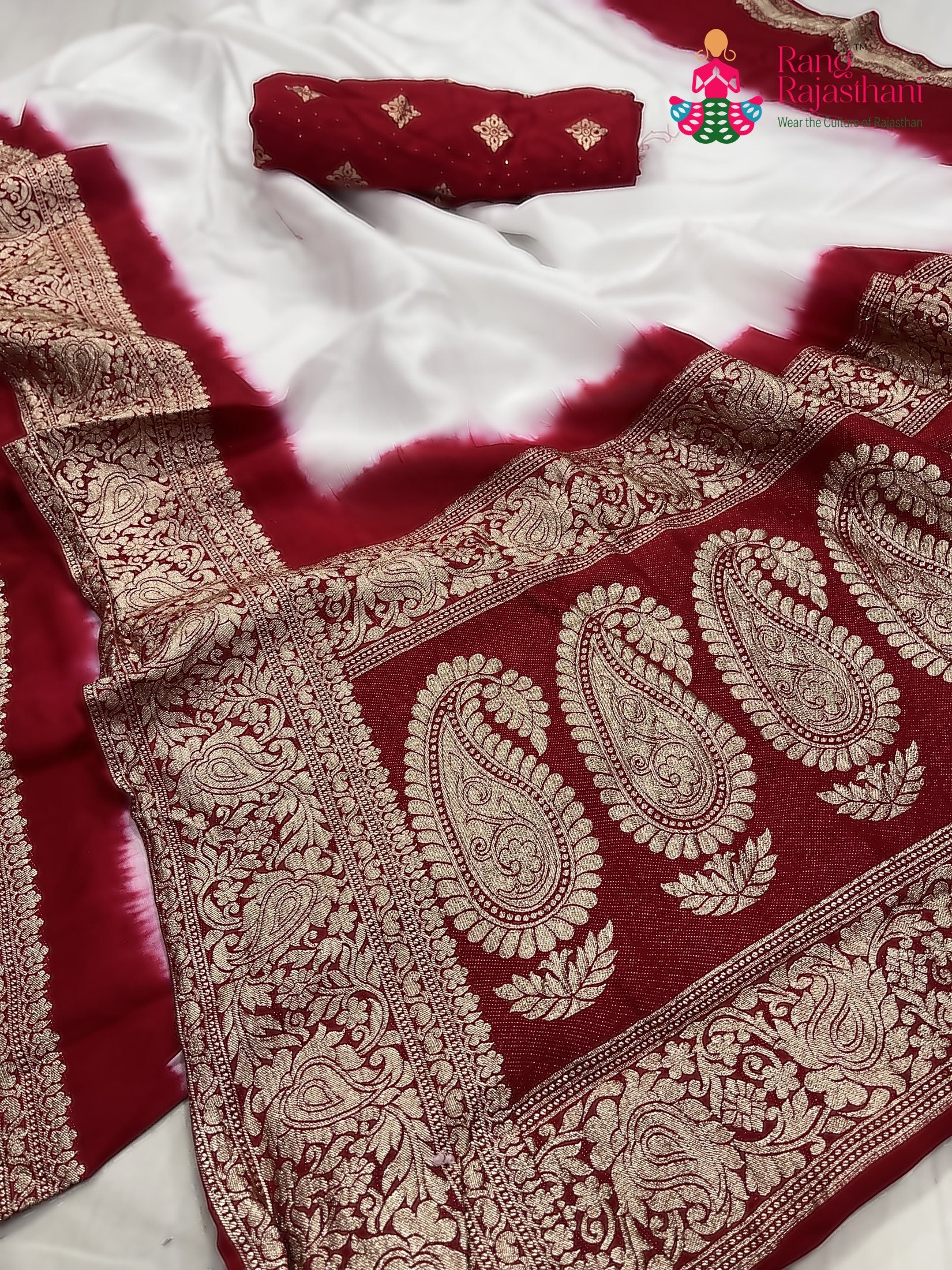 white russian silk banarasi zari weave faag saree for wedding guest wear by Rang Rajasthani