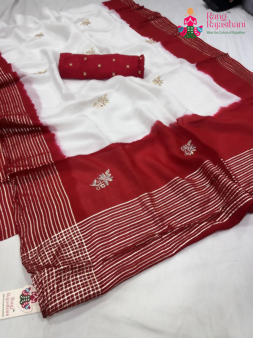 complete look of white russian silk hand embellishment faag saree 