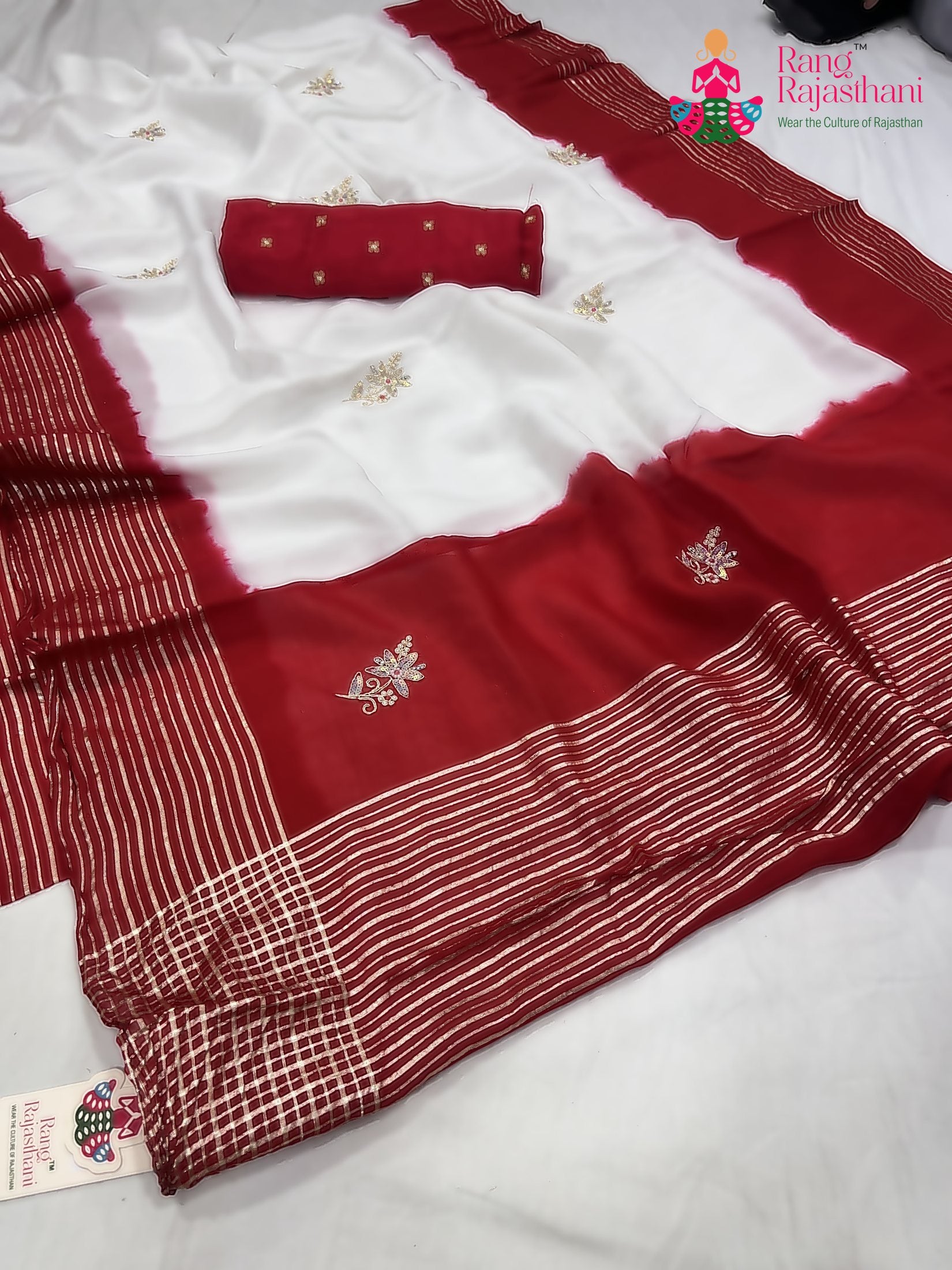 complete look of white russian silk hand embellishment faag saree 
