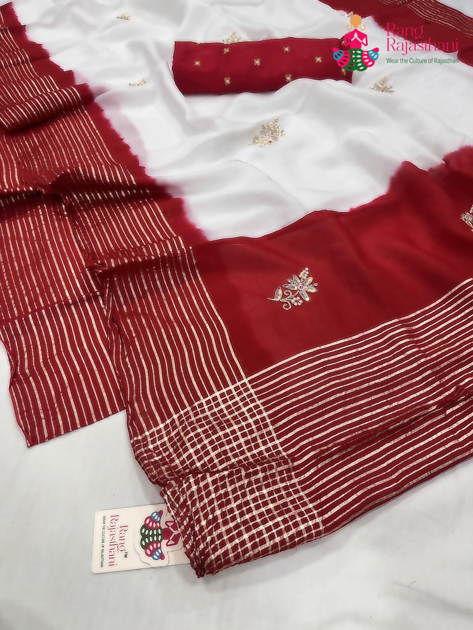 white russian silk hand embellishment faag saree for festive celebration by Rang Rajasthani