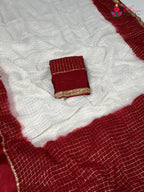 pallu detailing of white soft georgette banarasi zari weave saree