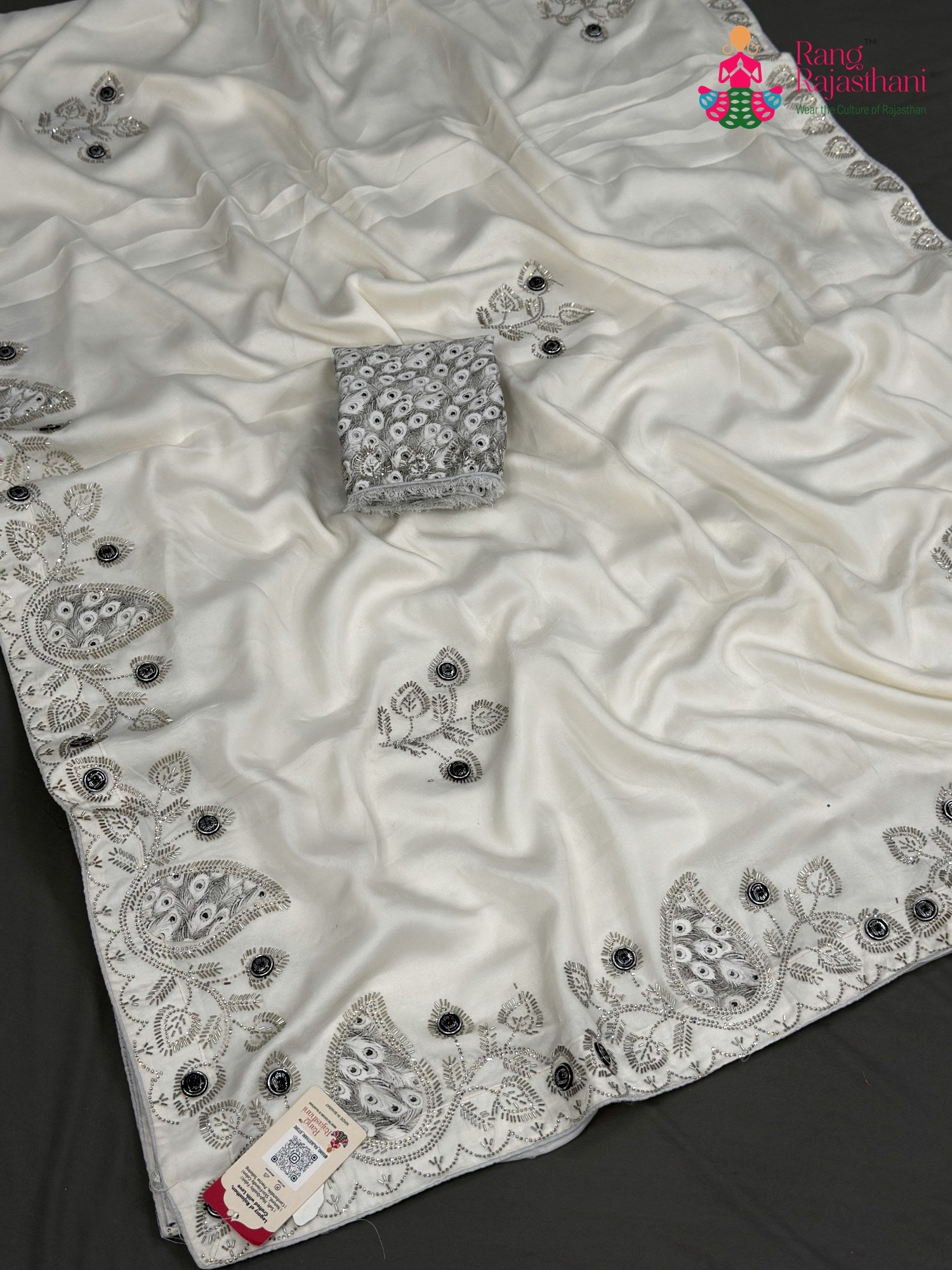 White Synthetic Swarovski Saree for Wedding Guest | Buy Now