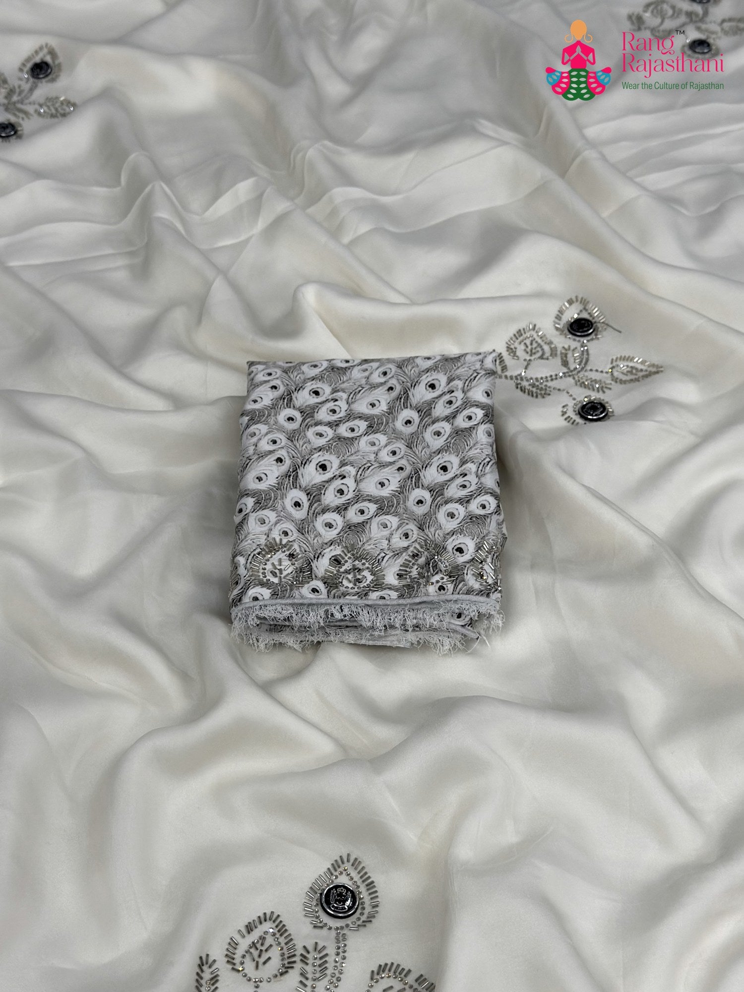 White Synthetic Swarovski Saree for Wedding Guest | Buy Now