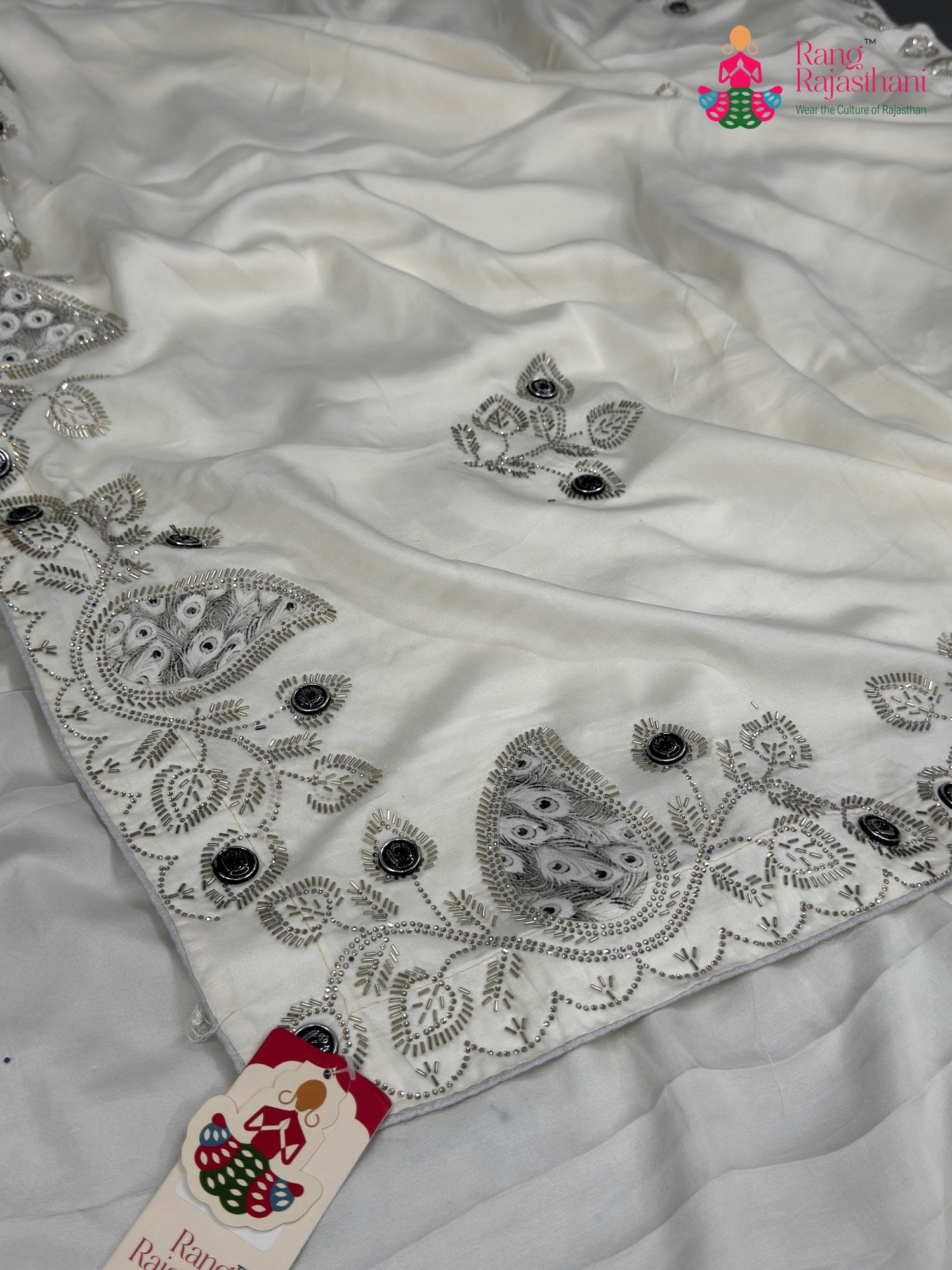 White Synthetic Swarovski Saree for Wedding Guest | Buy Now
