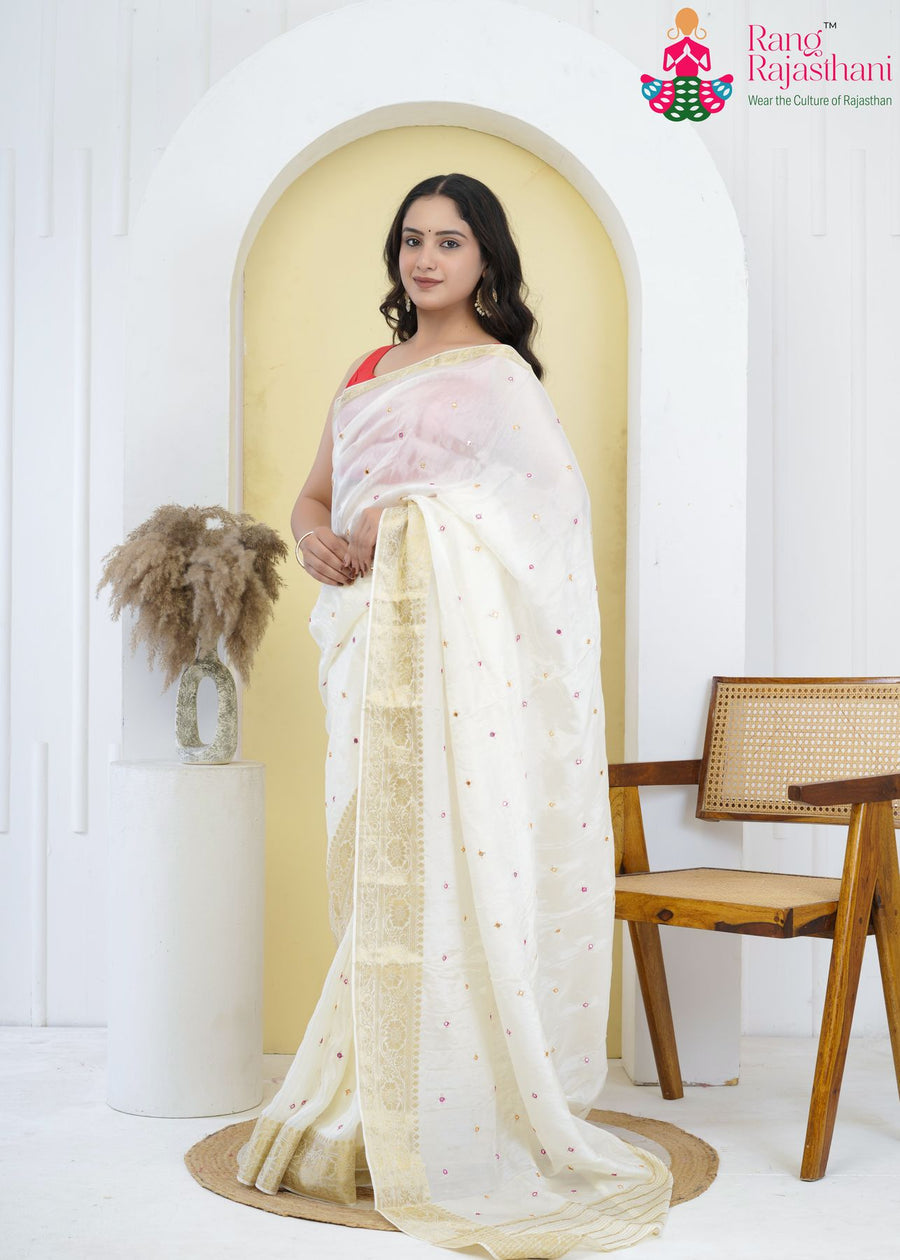 Beige Pure Ho Silk Mirror Saree for Wedding Guest | Artisan Edit