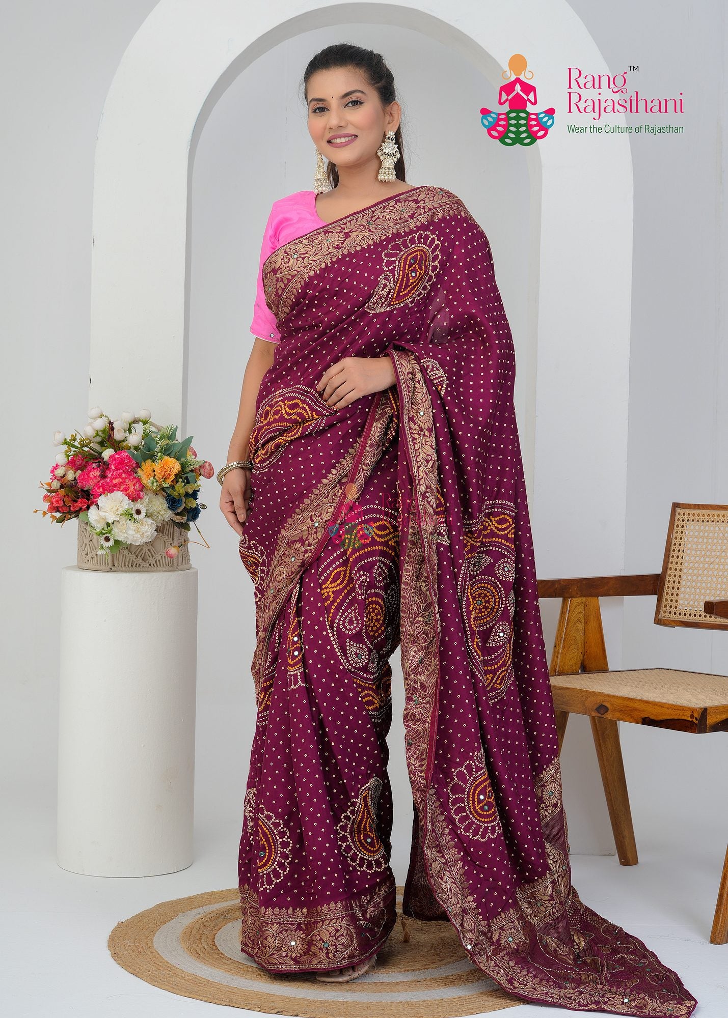 Wine Russian Silk Flow Saree : Marwar