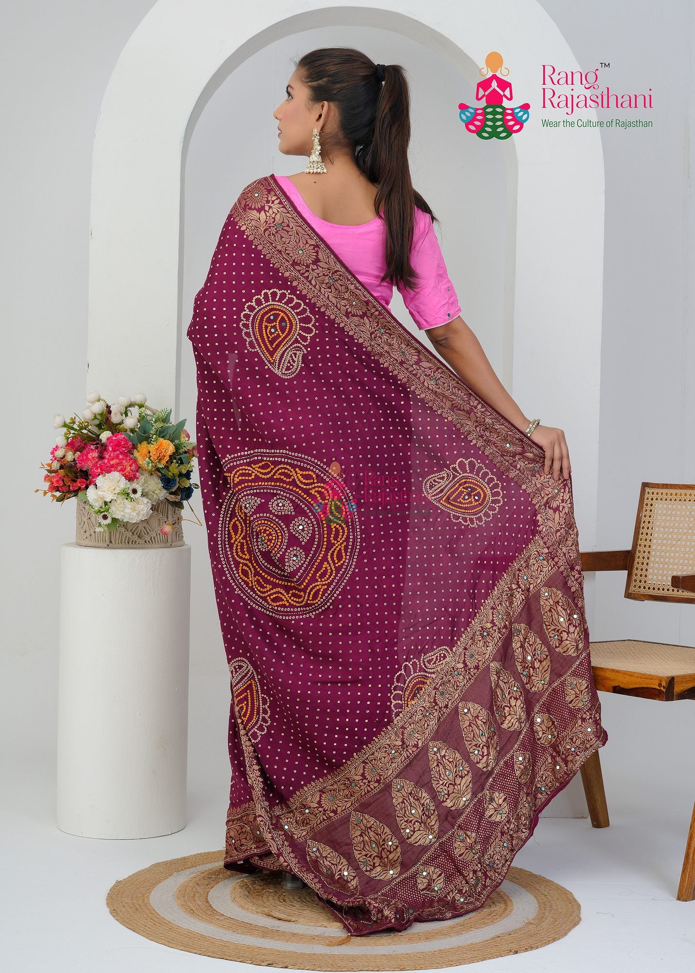 Wine Bandhani saree— Wedding saree| Rang Rajasthani