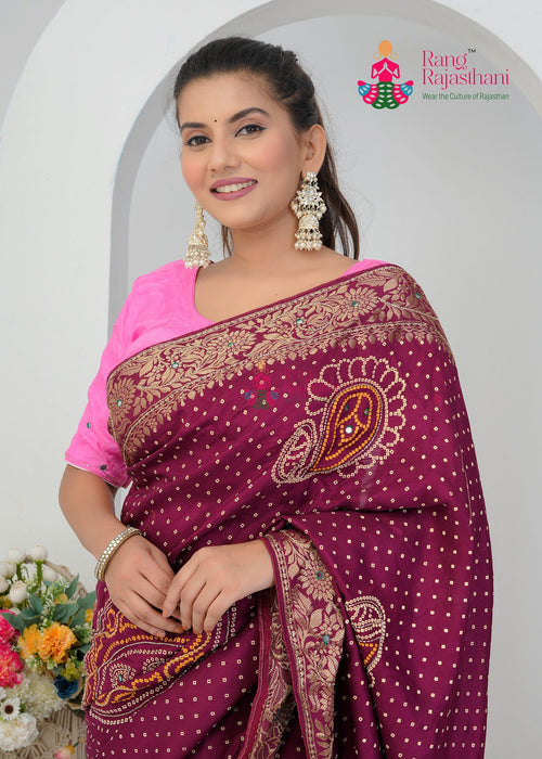Wine Pure Russian Silk Bandhani Print Chunri Saree for Wedding Guest | Top Choice main-image