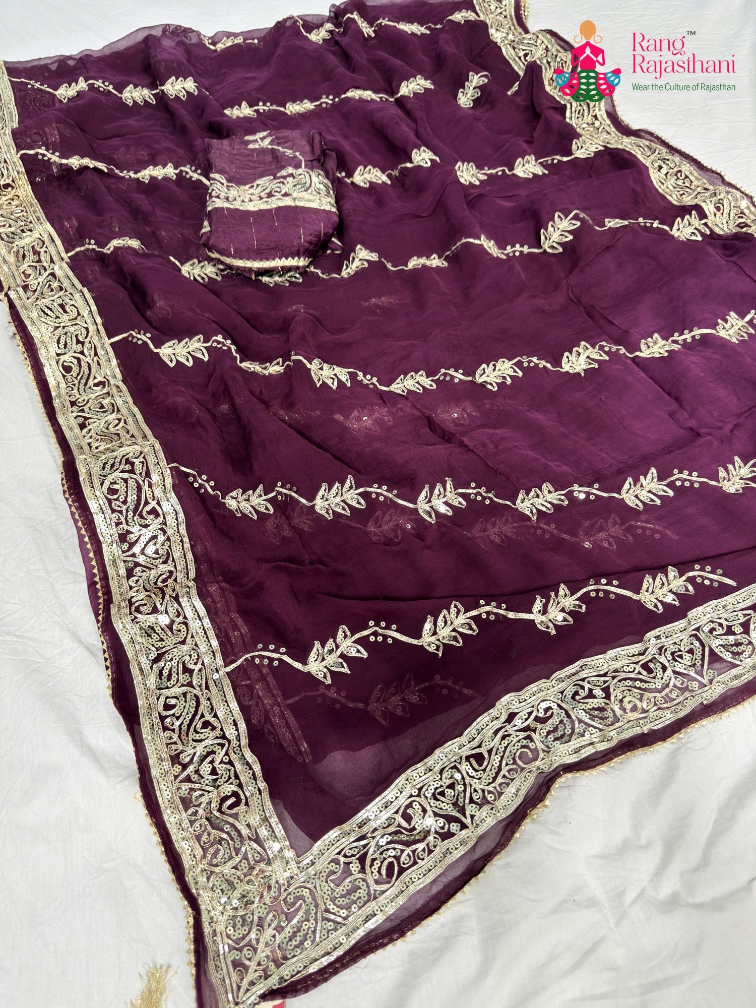 wine chiffon gota patti saree for raksha bandhan by Rang Rajasthani
