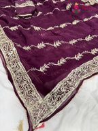 pallu detailing of wine chiffon gota patti saree
