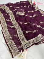 close up detailing of wine chiffon gota patti saree