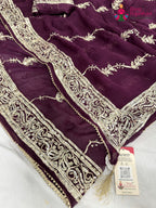 complete look of wine chiffon gota patti saree