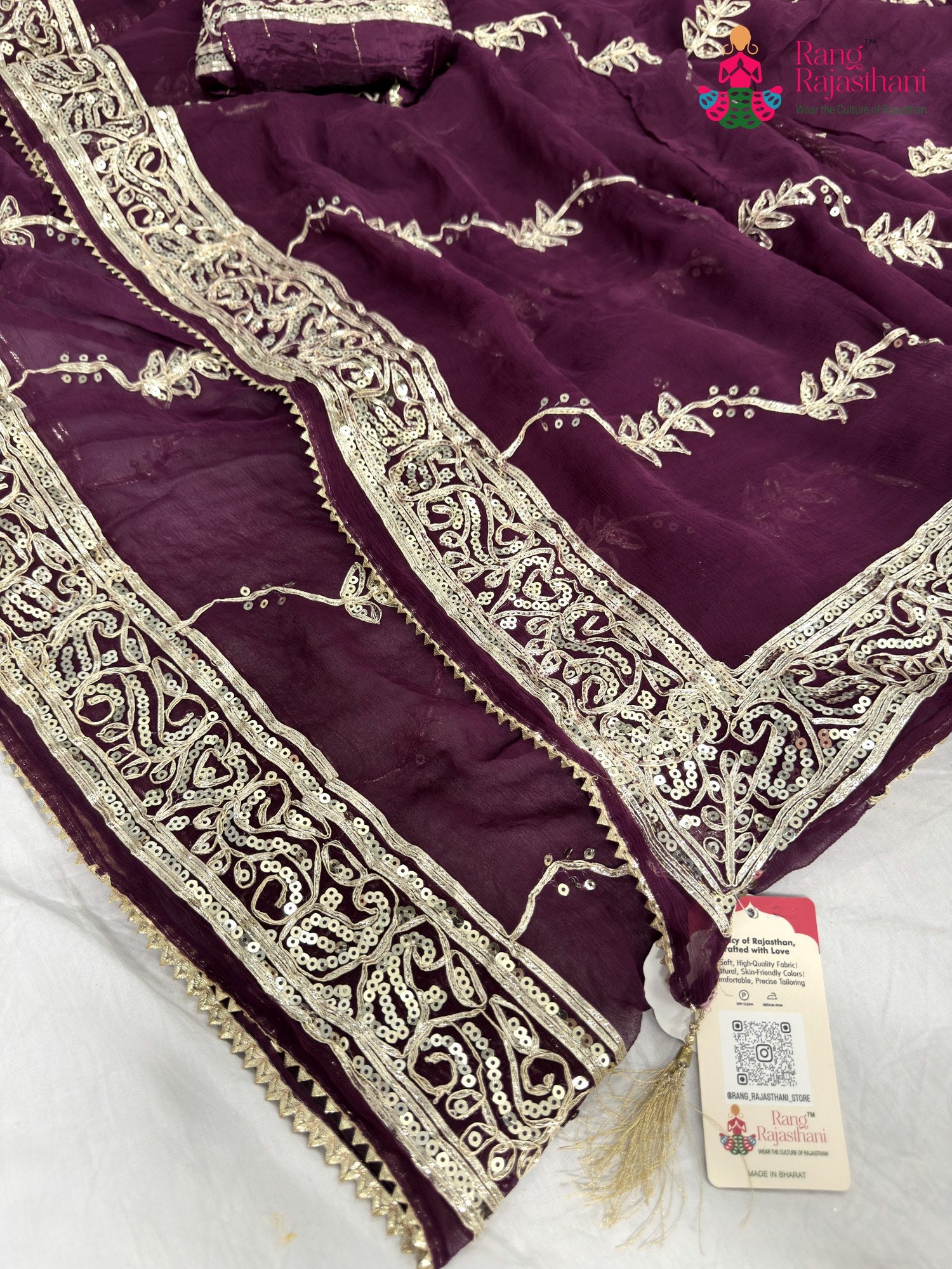 complete look of wine chiffon gota patti saree
