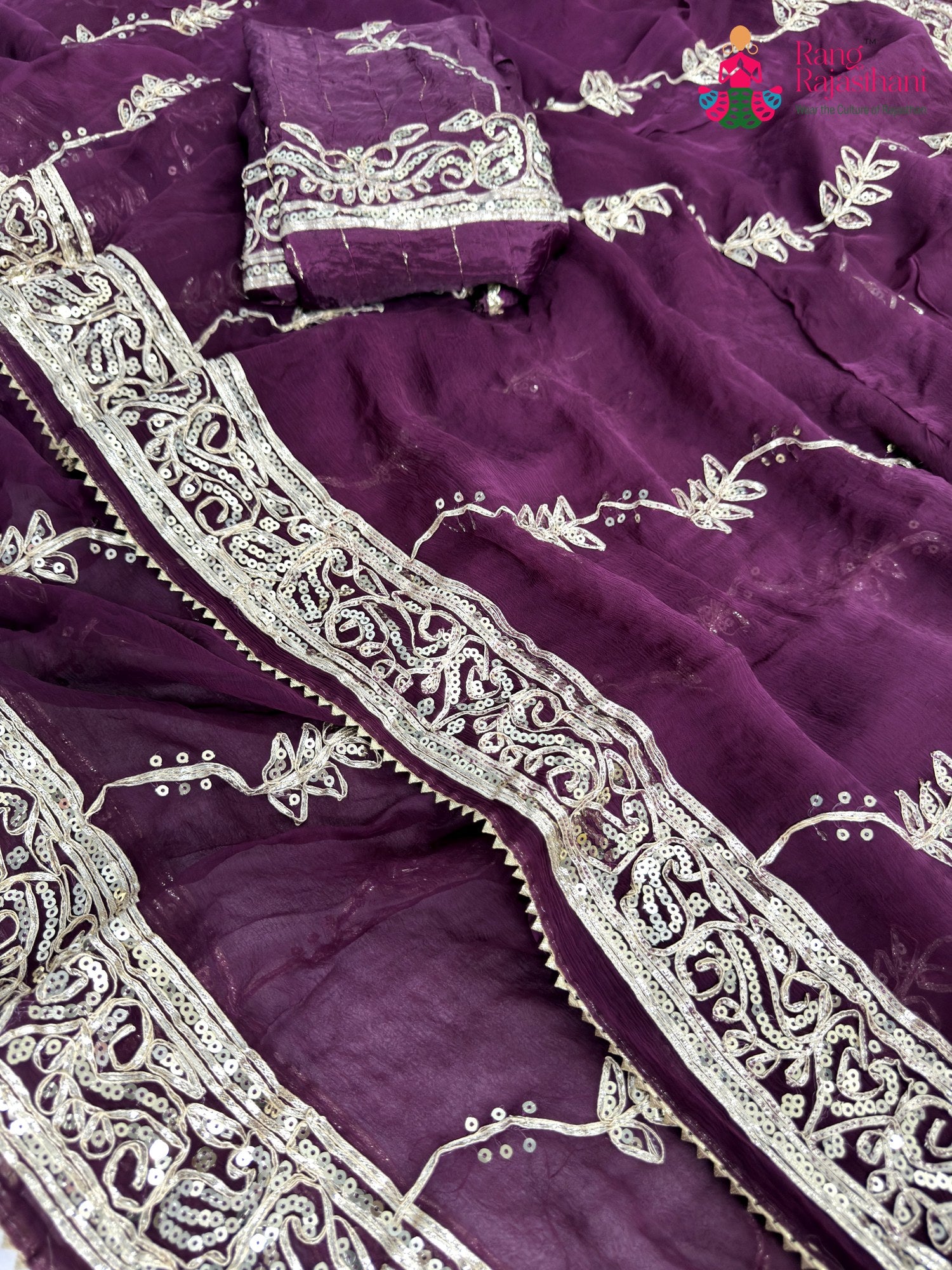 border detailing of wine chiffon gota patti saree