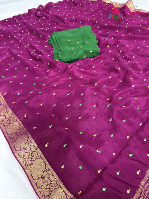 Wine Chinnon Banarasi Zari Weave Saree for Bridal | Shop Now