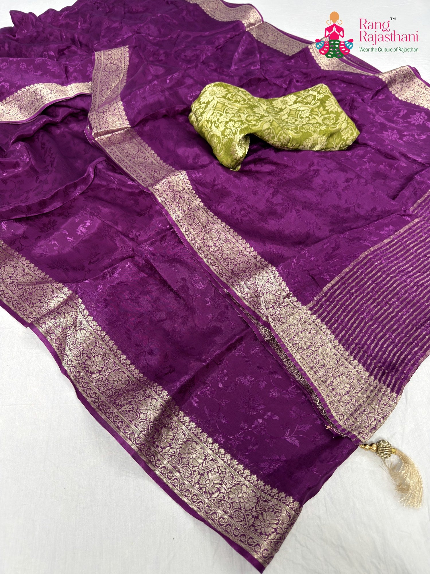 complete look of wine chinnon jacquard weave saree