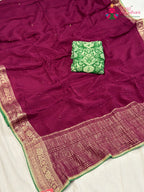 pallu detailing of wine chinnon saree