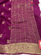 pallu detailing of wine chinnon resham embroidery saree