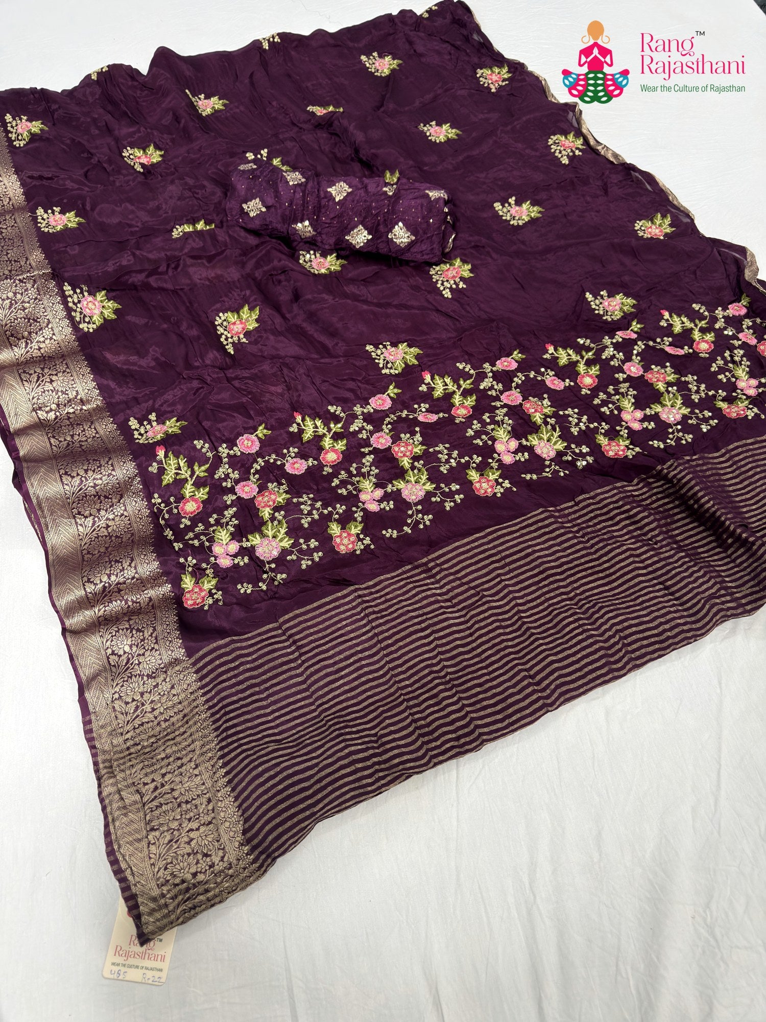 wine chinnon resham embroidery saree for sangeet night by Rang Rajasthani