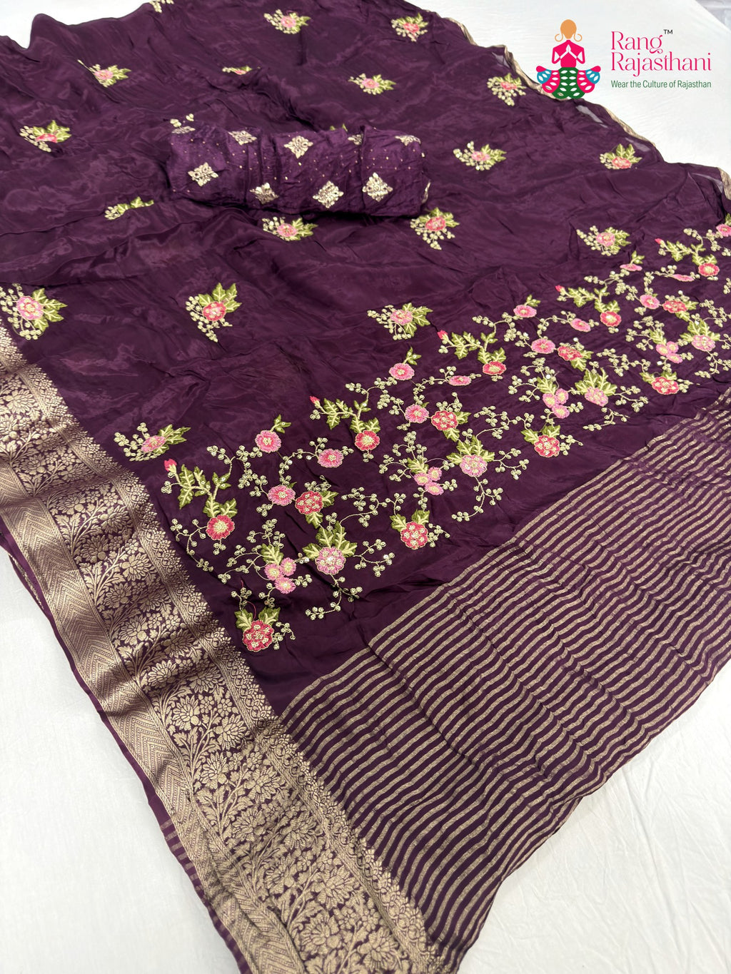 pallu detailing of wine chinnon resham embroidery saree