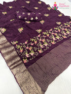 pallu detailing of wine chinnon resham embroidery saree