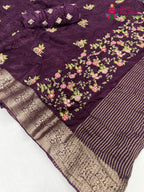 close up detailing of wine chinnon resham embroidery saree