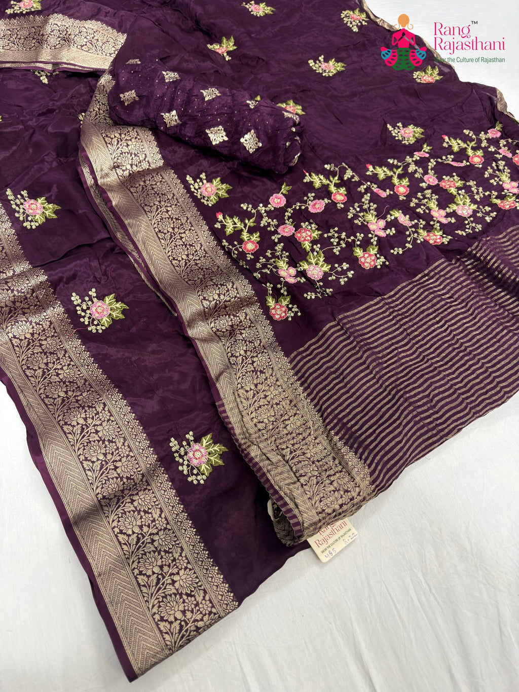 complete look of wine chinnon resham embroidery saree