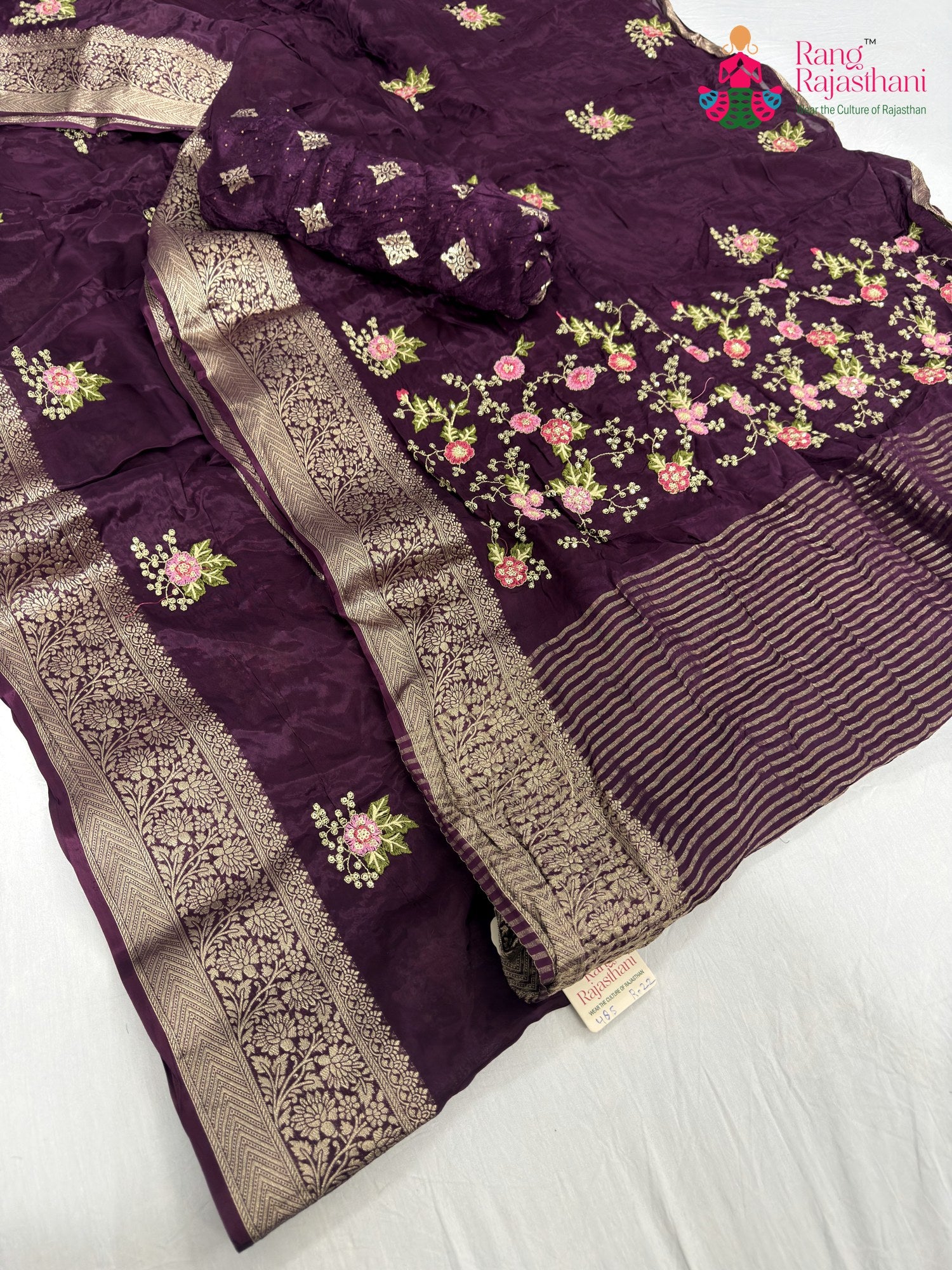 complete look of wine chinnon resham embroidery saree