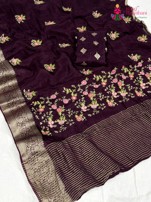 Wine Chinnon Resham Embroidery Saree for Sangeet Night | Timeless Drape