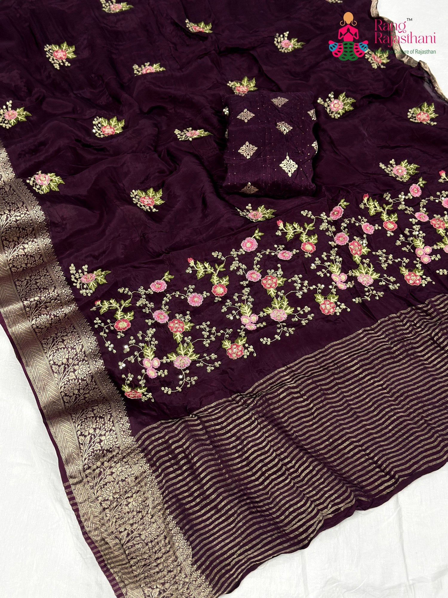 Wine Chinnon Resham Embroidery Saree for Sangeet Night | Timeless Drape
