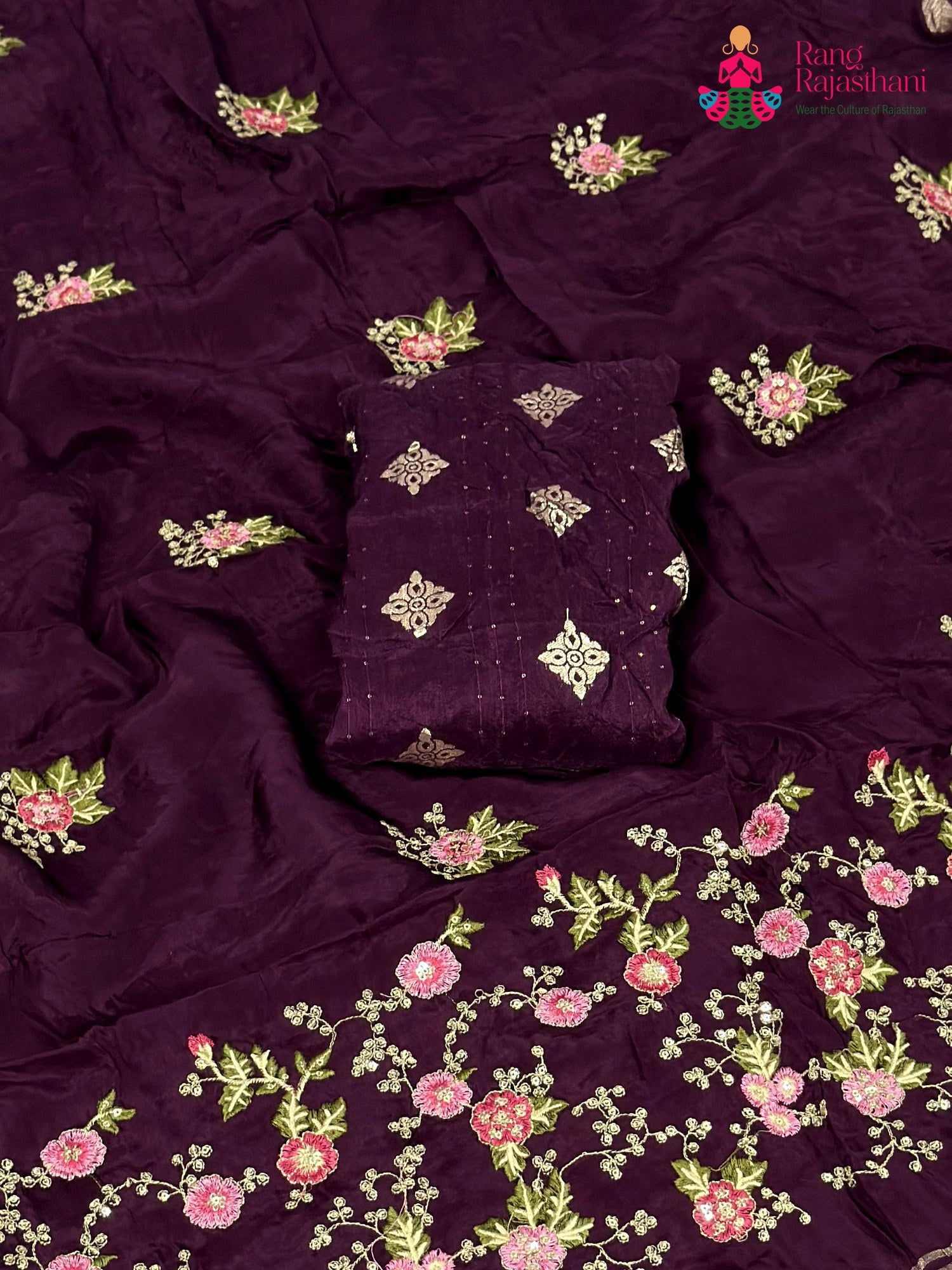 Wine Chinnon Resham Embroidery Saree for Sangeet Night | Timeless Drape