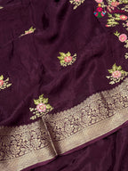 close up view of wine chinnon resham embroidery saree