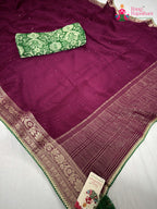 pallu detailing of wine chinnon saree