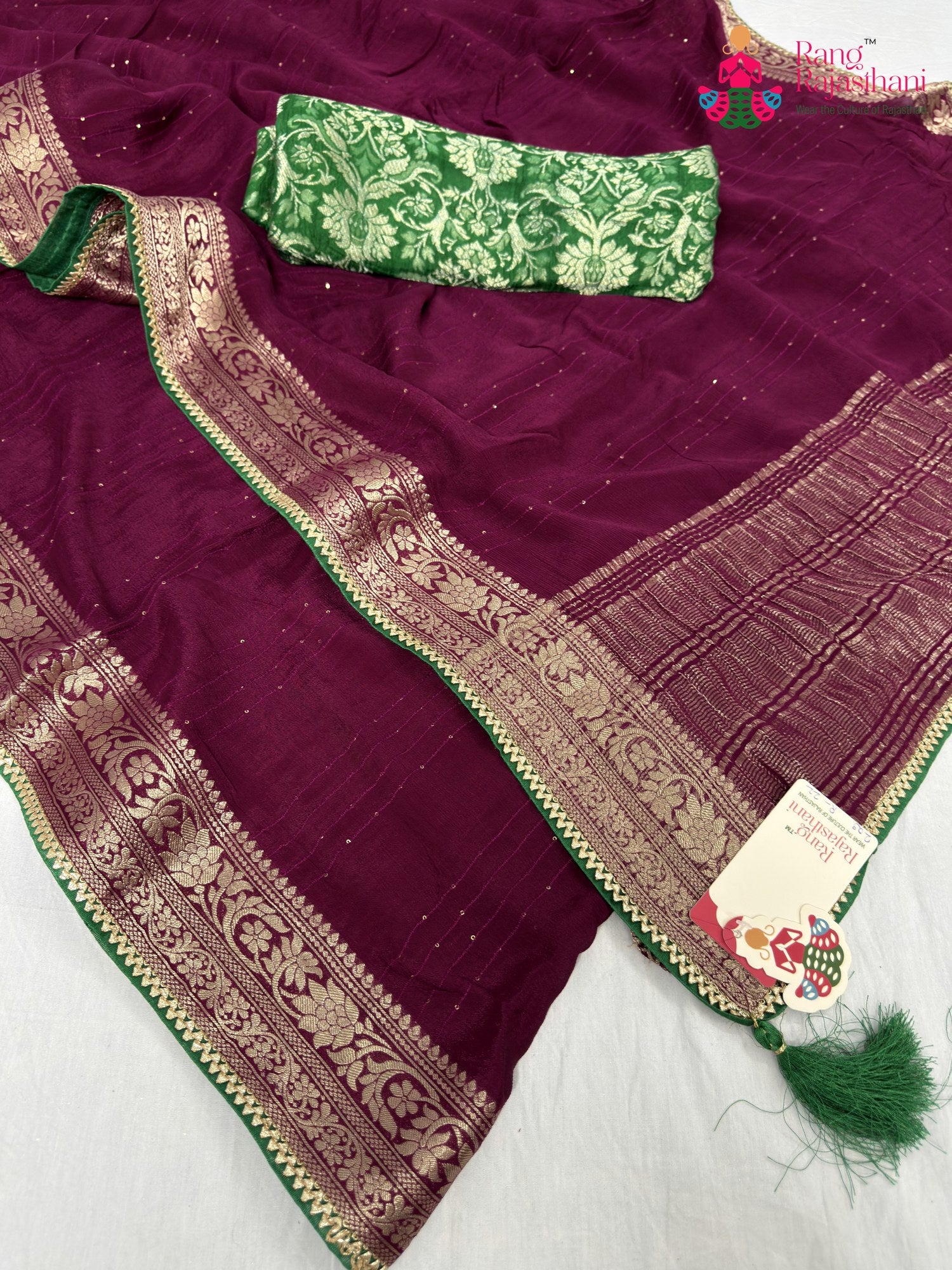 complete look of wine chinnon saree