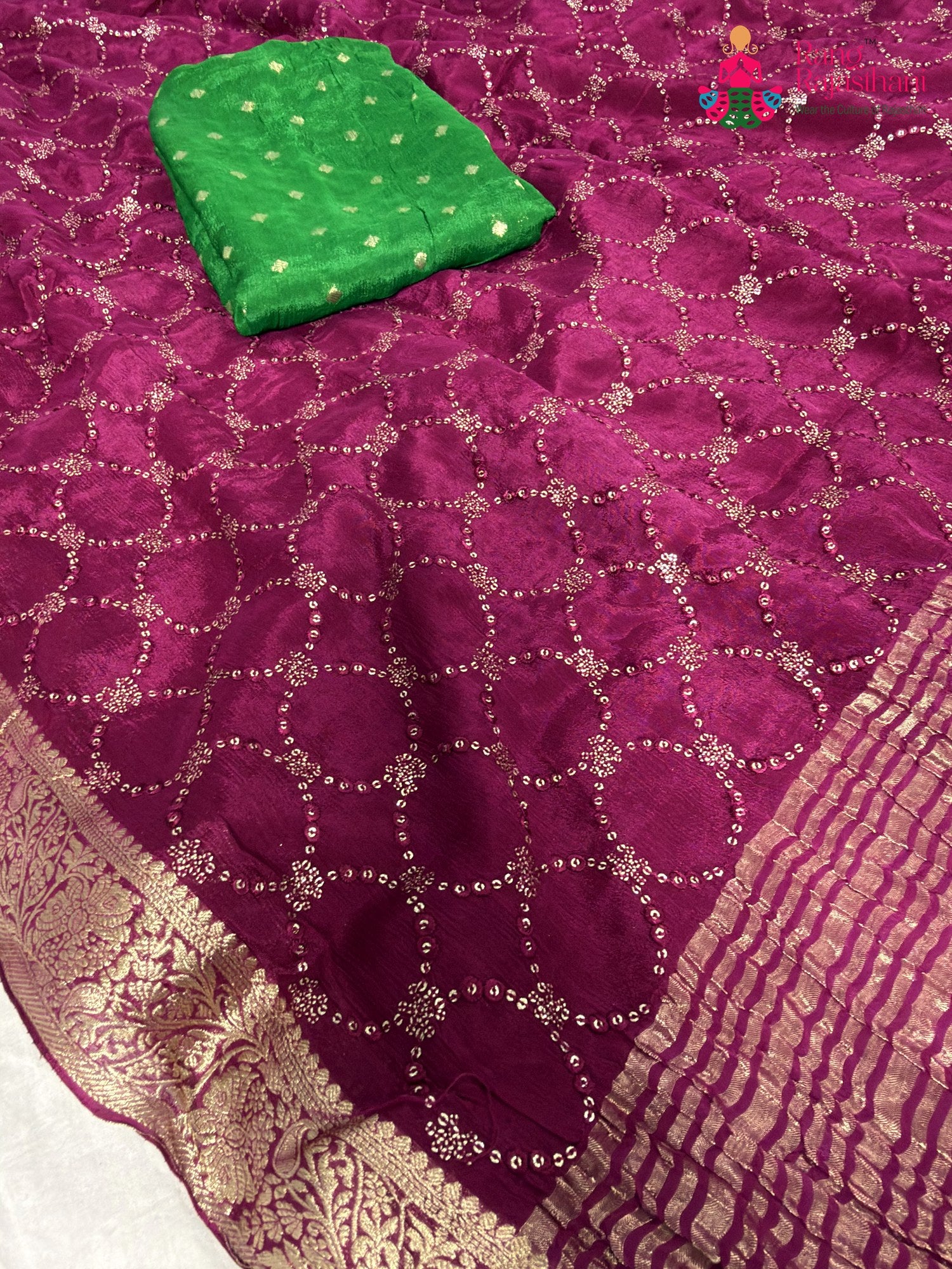full view of wine chinnon saree