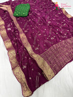 close up detailing of wine chinnon sequin saree