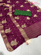 pallu detailing of wine chinnon sequin saree
