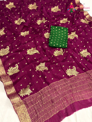 Wine Chinnon Zari Embroidery Saree for Sangeet Night | Order Online